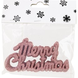 12x stuks Merry Christmas kersthangers roze van kunststof 10 cm kerstornamenten - Kersthangers