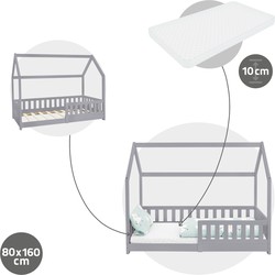 Kinderbed met uitvalbeveiliging lattenbodem en dak 80x160 cm Lichtgrijs grenenhout ML-Design