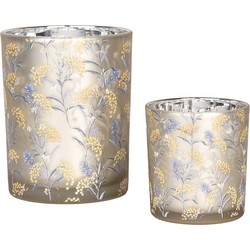 Clayre & Eef Theelichthouder Set van 2 Ø 7x8 / 10x13 cm Grijs Glas Bloemen
