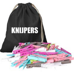 Wasknijperzak canvas bedrukt met knijpers en 100 plastic wasknijpers - knijperszakken