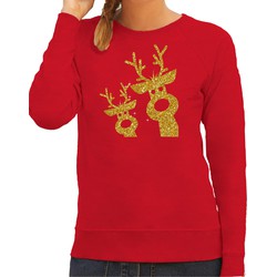 Bellatio Decorations foute kersttrui/sweater voor dames - gouden rendieren - rood - glitter goud S - kerst truien