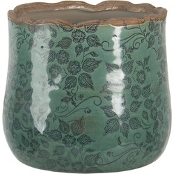 Clayre & Eef Bloempot  Ø 18x16 cm Groen Keramiek Rond Bladeren Bloempot binnen