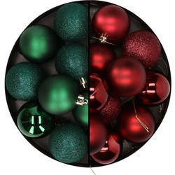 24x stuks kunststof kerstballen mix van donkergroen en donkerrood 6 cm - Kerstbal
