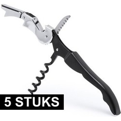 5x Zwart met zilveren RVS kurkentrekkers met flesopener en mes - Flesopeners