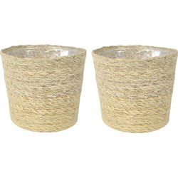 Steege Plantenpot - 2x - beige - gevlochten zeegras - 22 x 19 cm - Plantenpotten