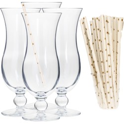 Cocktail set van 4x cocktail glazen en 100x duurzame rietjes met sterren - Drinkglazen