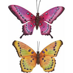 Vlinders - 2x - metaal - geel/paars/roze - 35 x 24 cm - muurdeco - Tuinbeelden