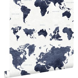 ESTAhome behang vintage wereldkaarten donkerblauw - 0,53 x 10,05 m - 138972