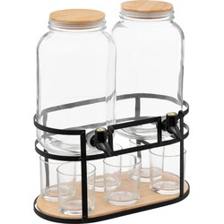 5Five Drank dispensers - set van 2x stuks - 3,3L - glas - op standaard met 6 glazen - Drankdispensers