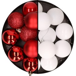 24x stuks kunststof kerstballen mix van rood en wit 6 cm - Kerstbal