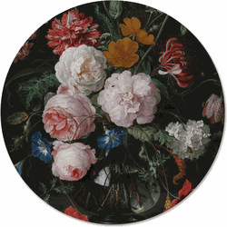 Label2X Muurcirkel stilleven met bloemen en een horloge, Abraham Mignon Ø 80 cm / Forex - Ø 80 cm