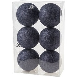 Cosy & Trendy Kerstballen - 6x st - donkerblauw - glitters - 8 cm - Kerstbal