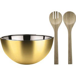 Salade schaal met sla couvert - RVS/bamboe - goud - serveerschaal - D29 x H14 cm - Serveerschalen