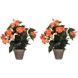 Mica Decorations Kunstplant - 2x - hibiscus - oranje - in pot - 30 x 40 cm - Kunstplanten