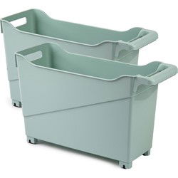 Set van 4x stuks kunststof trolleys pastel groen op wieltjes L45 x B17 x H29 cm - Opberg trolley
