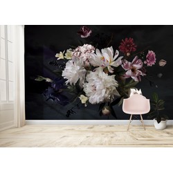 Bloemen op donkere achtergrond - Zelfklevend Vliesbehang - 300x250cm - House of Fetch - vintagelook