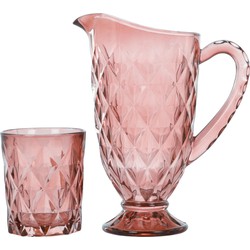 Glazen karaf/schenkkan set 1 liter met 6 drinkglazen 250 ml roze - Drinkglazen