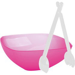 Serveerschaal/slakom - fuchsia roze - kunststof - 30 cm - met sla bestek/couvert - Serveerschalen