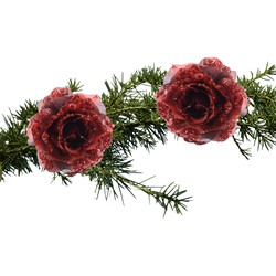 2x stuks kerstboom decoratie bloemen op clip rood 14 cm - Kersthangers