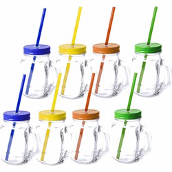 8x stuks Glazen Mason Jar drinkbekers met dop en rietje 500 ml - Drinkbekers