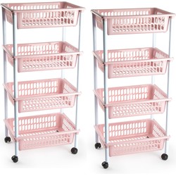 2x stuks opberger/organiser trolley/roltafel met 4 manden 85 cm oud roze - Opberg trolley