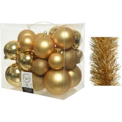 Kerstversiering kunststof kerstballen 6-8-10 cm met folieslingers pakket goud van 28x stuks - Kerstbal