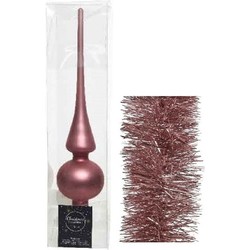 Kerstversiering glazen piek mat 26 cm en folieslingers pakket oud roze van 3x stuks - kerstboompieken