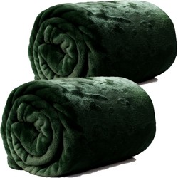 Unique Living Plaid/deken - 2x - fleece - smaragd groen - 130 x 180 cm - Plaids
