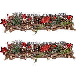 Set van 2x stuks kerst thema kaarsenhouders zilver ornament red/green nature 40 x 16 x 8 cm - Waxinelichtjeshouders