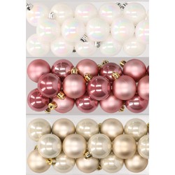 48x stuks kunststof kerstballen mix van parelmoer wit, oudroze en champagne 4 cm - Kerstbal