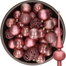 37x stuks kunststof kerstballen 6 cm incl. glazen piek mat oudroze - Kerstbal