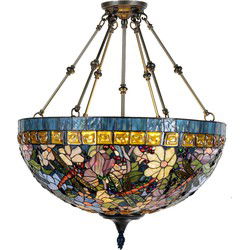 LumiLamp Hanglamp Tiffany  Ø 70x75 cm Blauw Beige Metaal Glas Halfrond Libelle Hanglamp Eettafel