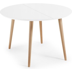 Kave Home - Oqui ronde uittrekbare tafel, gelakt MDF en massief beukenhouten poten 120(200)x120 cm