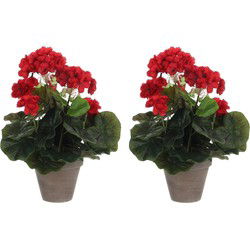 Mica Decorations Kunstplant - 2x - Geranium - rood - in pot - 34 cm - Kunstplanten