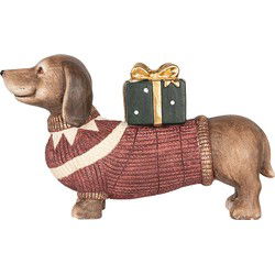 Clayre & Eef Kerstdecoratie Beeld Hond Teckel Bruin Rood Keramisch materiaal