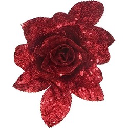 1x Kerstversieringen glitter roos rood op clip 15 cm - Kersthangers