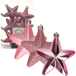 24x stuks kunststof sterren kersthangers lippenstift roze 7 cm - Kersthangers