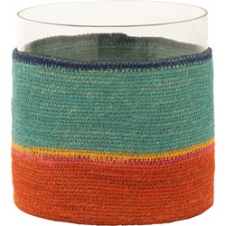 J-line - Theelichthouder Rond+strepen Glass/zeegras Blauw/oranje - 20x20x20cm