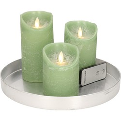Ronde kaarsenplateau zilver van kunststof D27 cm met 3 groene LED-kaarsen 10/12,5/15 cm - Kaarsenplateaus