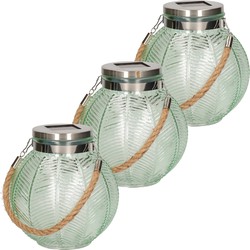 3x stuks groene solar lantaarn van gestreept glas rond 16 cm - Lantaarns