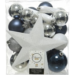 33x Kunststof kerstballen mix zilver/wit/blauw 5-6-8 cm versiering - Kerstbal