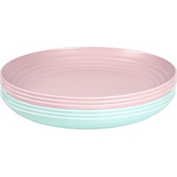 Setje van 10x stuks ronde kunststof borden groen en roze 25 cm - Campingborden