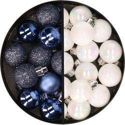 34x stuks kunststof kerstballen donkerblauw en parelmoer wit 3 cm - Kerstbal