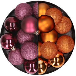 24x stuks kunststof kerstballen mix van aubergine en oranje 6 cm - Kerstbal