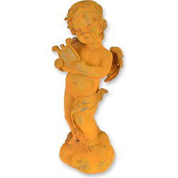 A RUSTY CAST IRON FIGURINE OF A PUTTO PLYING HARP
