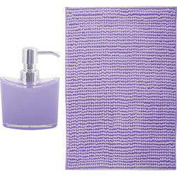 MSV badkamer droogloop mat - Bolzano - 40 x 60 cm - met bijpassend zeeppompje - lila paars - Badmatjes