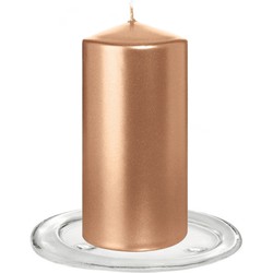 Trend Candles - Stompkaarsen met glazen onderzetters set van 2x stuks - rose goud 6 x 12 cm - Stompkaarsen