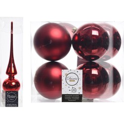 Rode kerstversiering/kerstdecoratie set piek en 8x kerstballen 10 cm glans/mat - Kerstbal