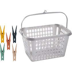 Wasknijper mandje/bakje - zilver - inclusief 100x wasknijpers - kunststof - knijperszakken