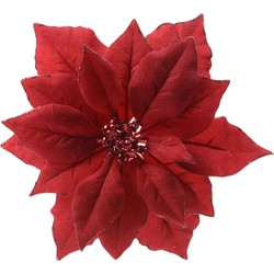 1x stuks decoratie bloemen kerstster rood glitter op clip 24 cm - Kersthangers